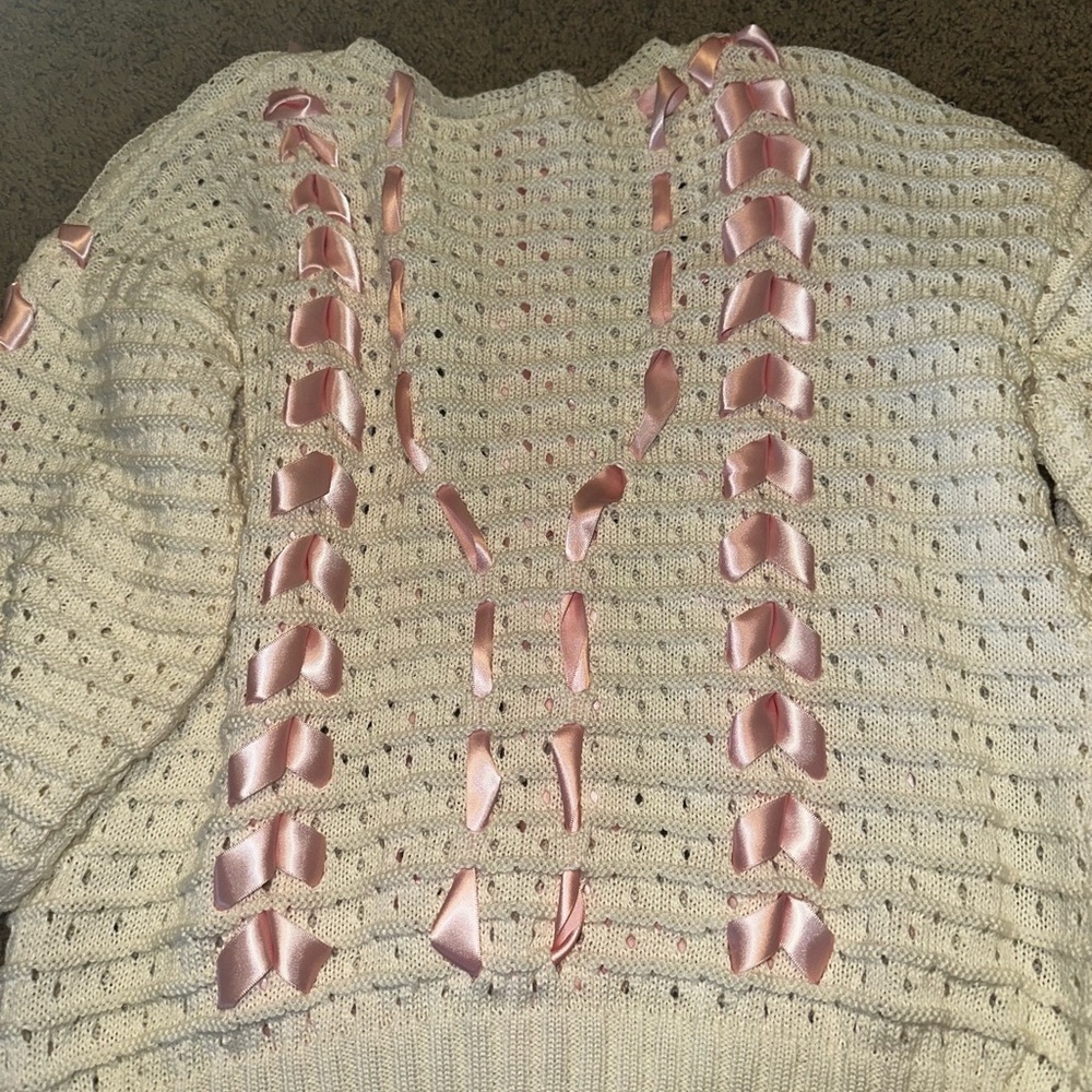 Women's Cream Sweater with Pink Ribbon Accents